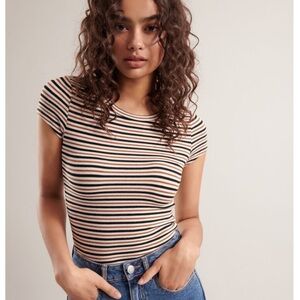 Garage Ribbed “Don’t-Call-Me-Baby-Tee” with White Black & Cognac Stripes